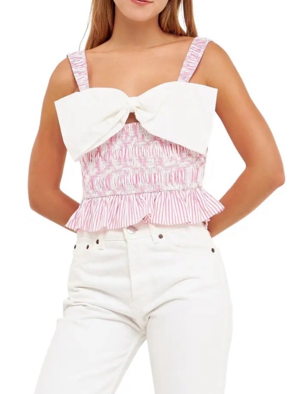 English Factory Small Tank Top Smocked Pink Pinstripe Bow Front Feminine Girly